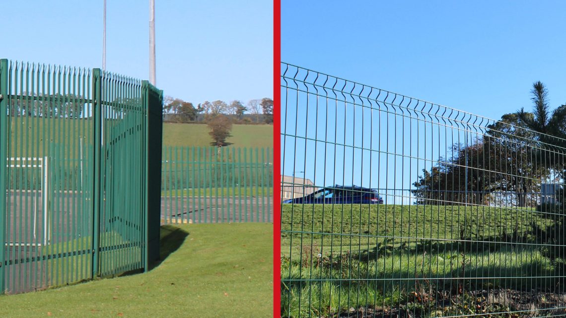 A steel palisade face next to a mesh fence, both manufactured by Lochrin Bain.