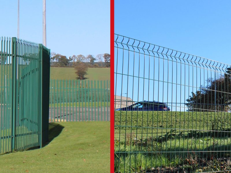 A steel palisade face next to a mesh fence, both manufactured by Lochrin Bain.